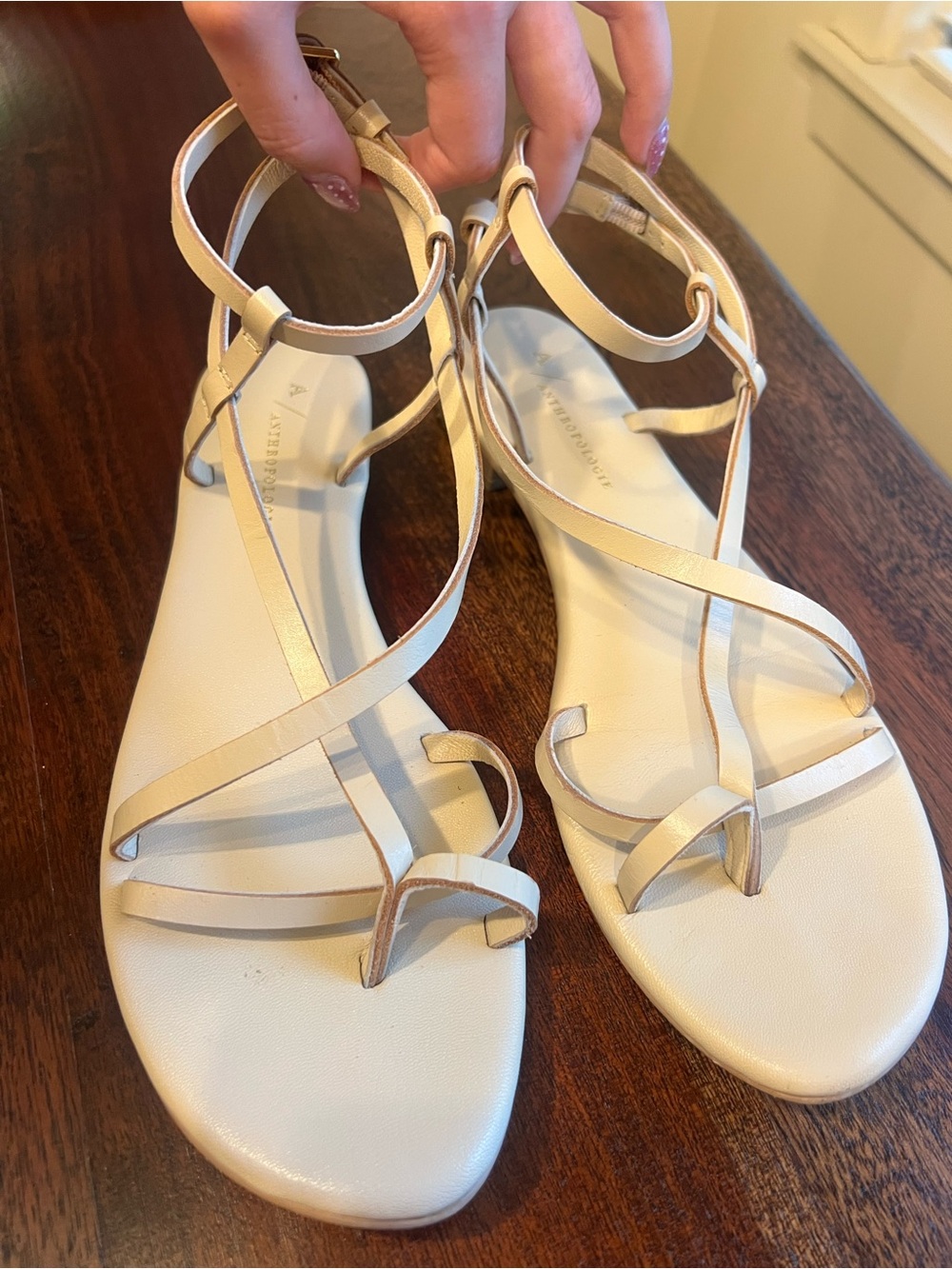 Anthropologie Cream Strappy Ankle-Wrap Sandals